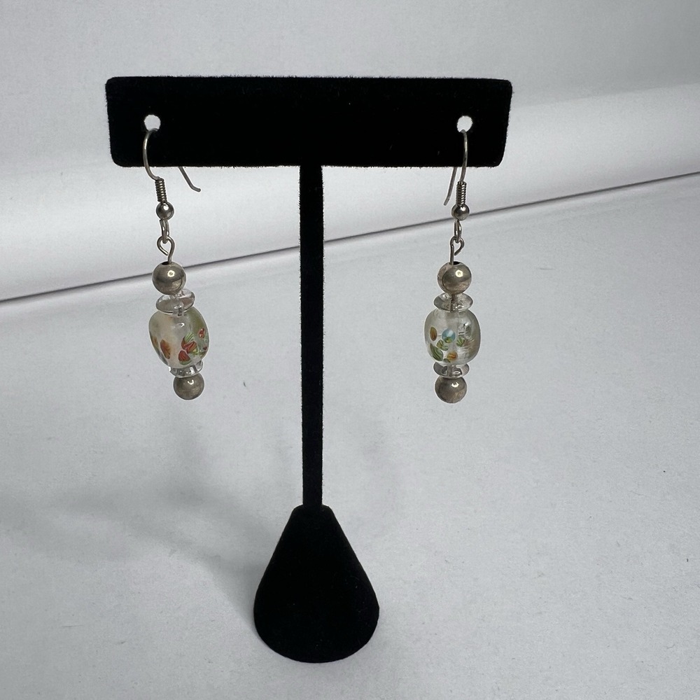 Pretty Sterling 925 Painted Art Glass Flower Drop Dangle Earrings